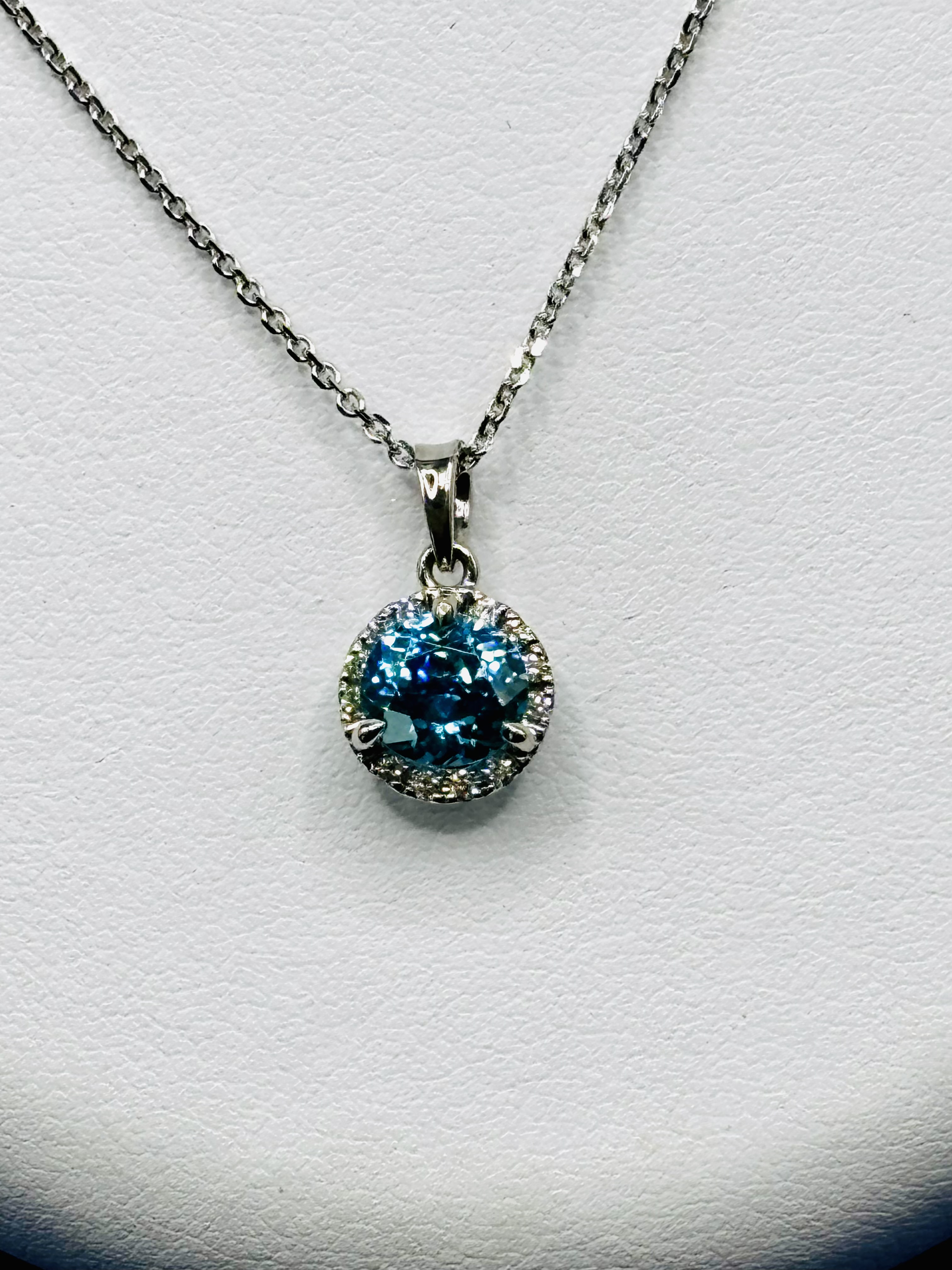 Blue Zircon & Diamond Halo Pendant