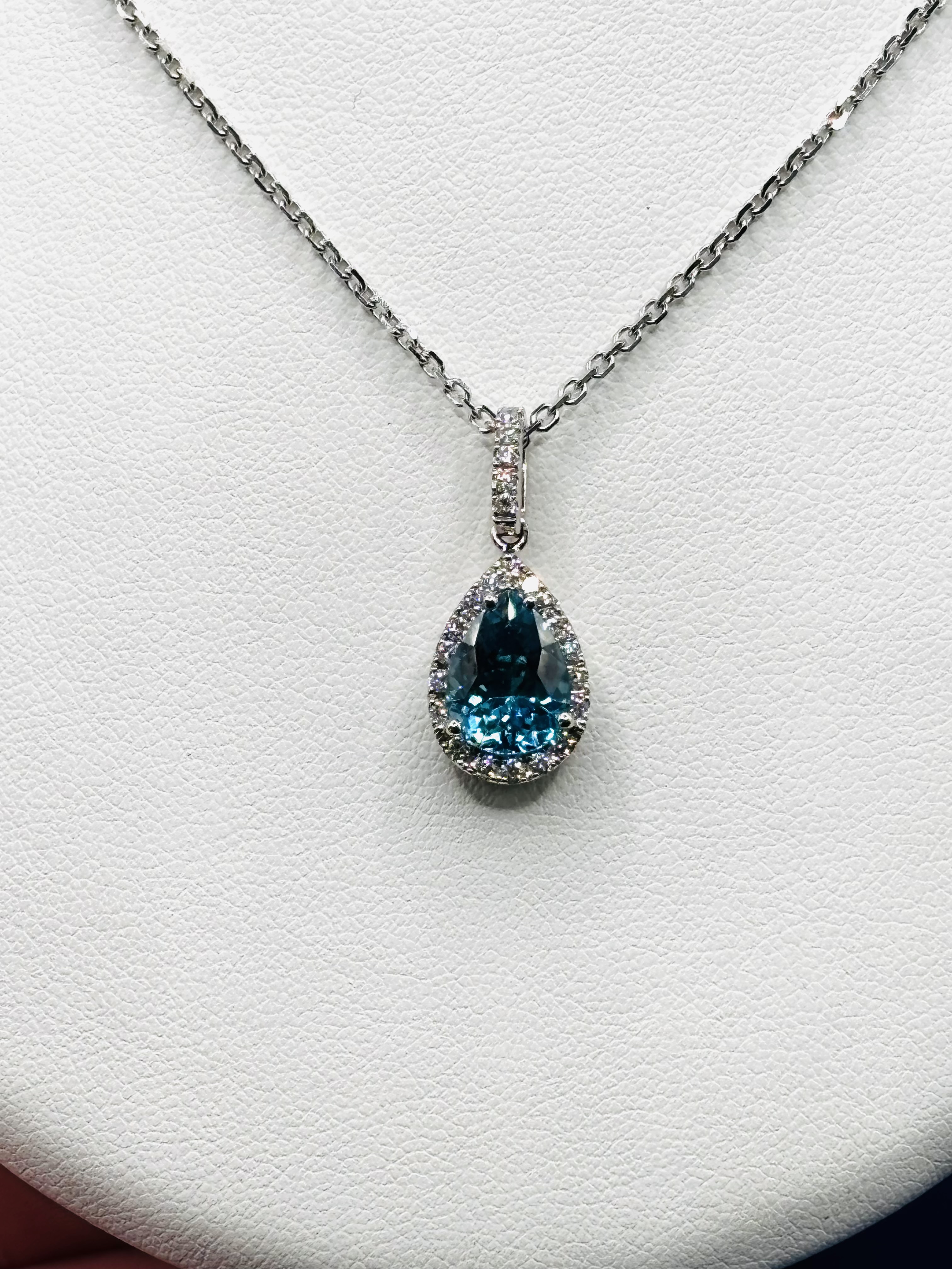 Blue Zircon Pear Pendant & Chain