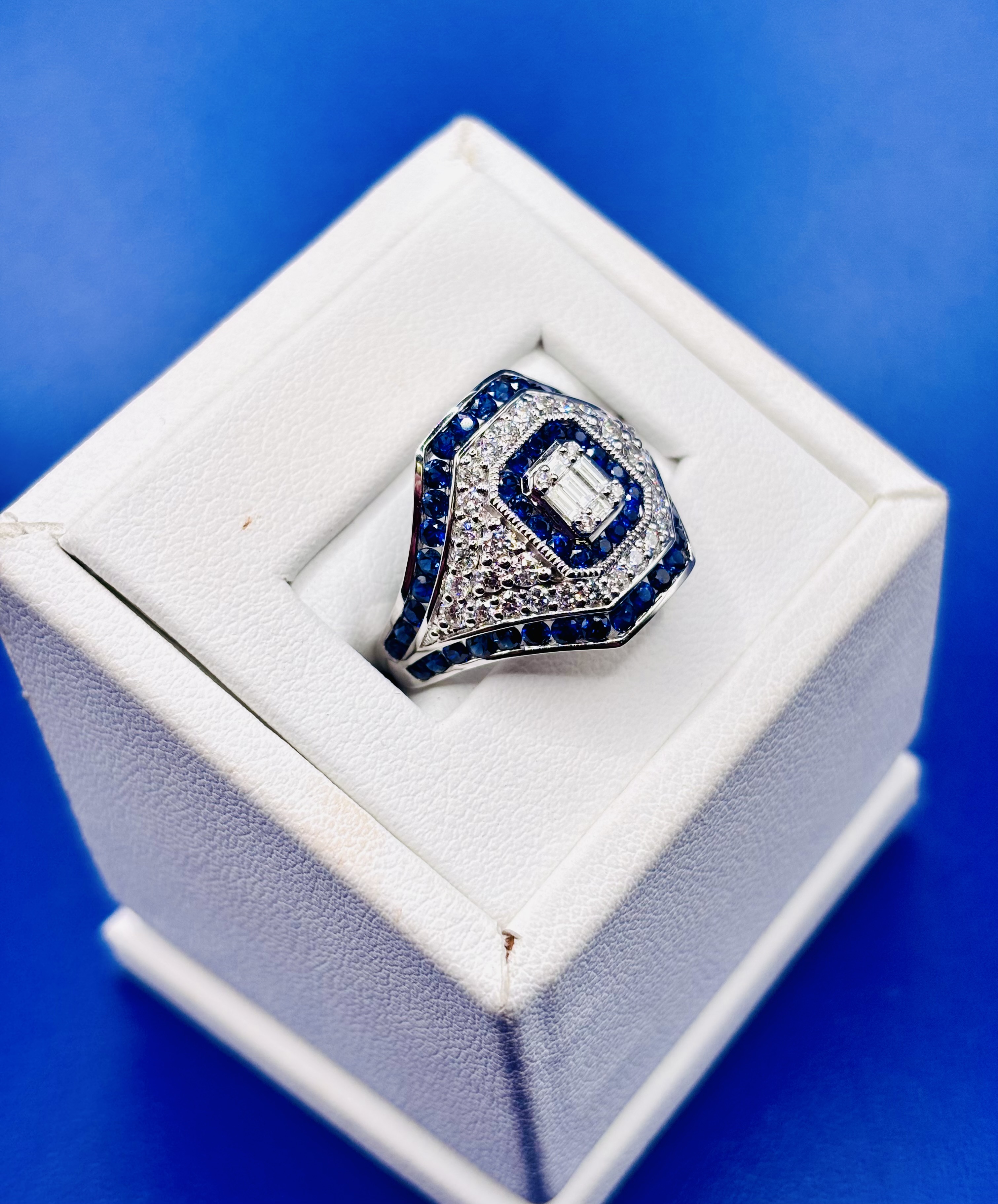 18kt White Gol Triple Halo Art Deco Sapphire & Diamond Ring alternate view