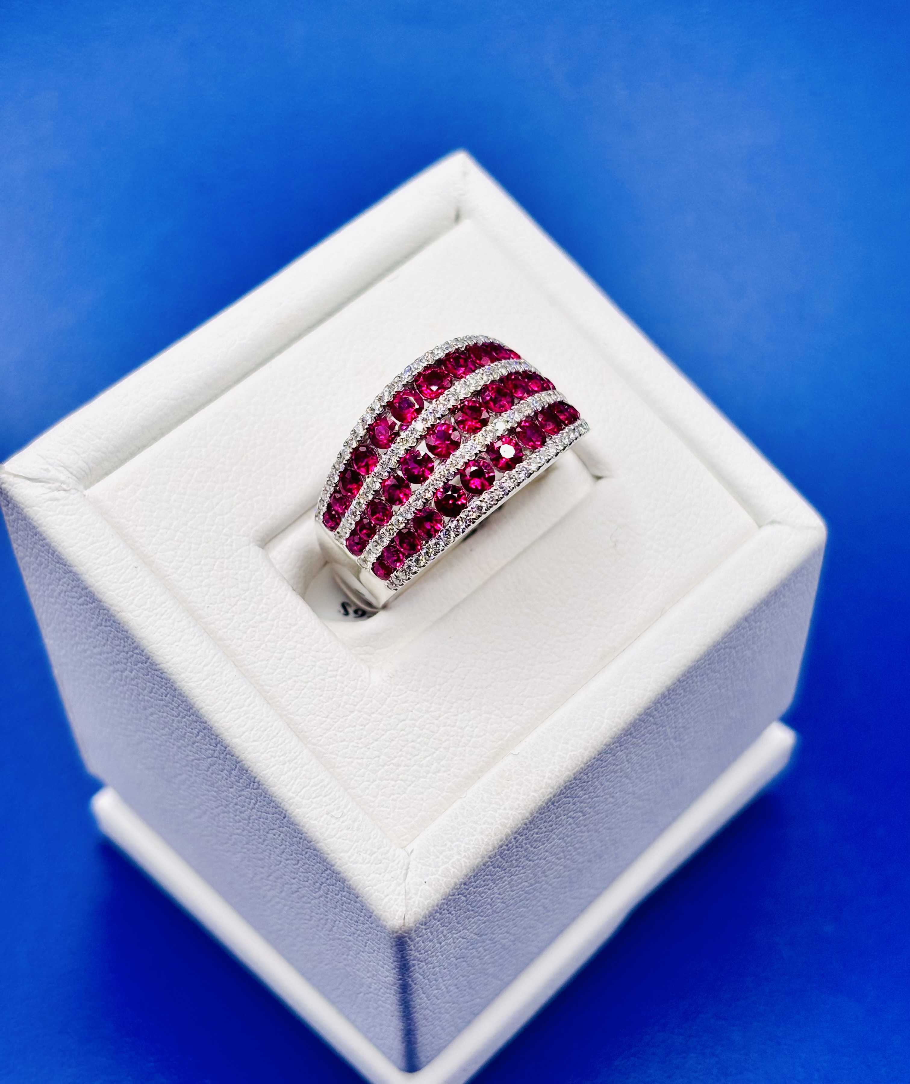 18kt White Gold Triple Row Ruby & Diamond Band alternate view